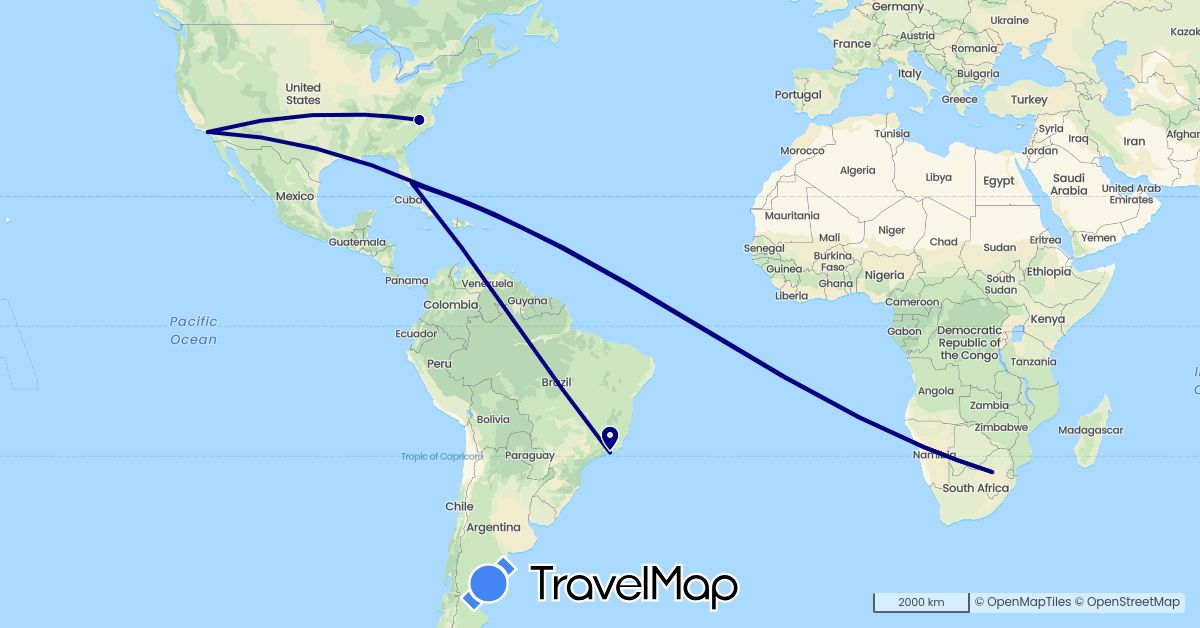 TravelMap itinerary: driving in Brazil, Bahamas, United States, South Africa (Africa, North America, South America)